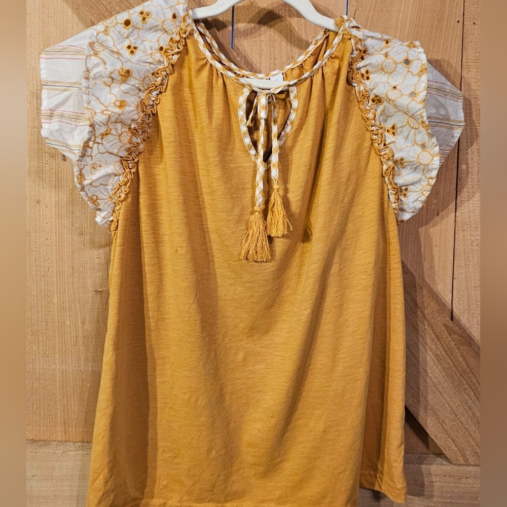 Women’s Mustard Tassel Peasant Top - Lightweight Short Sleeve